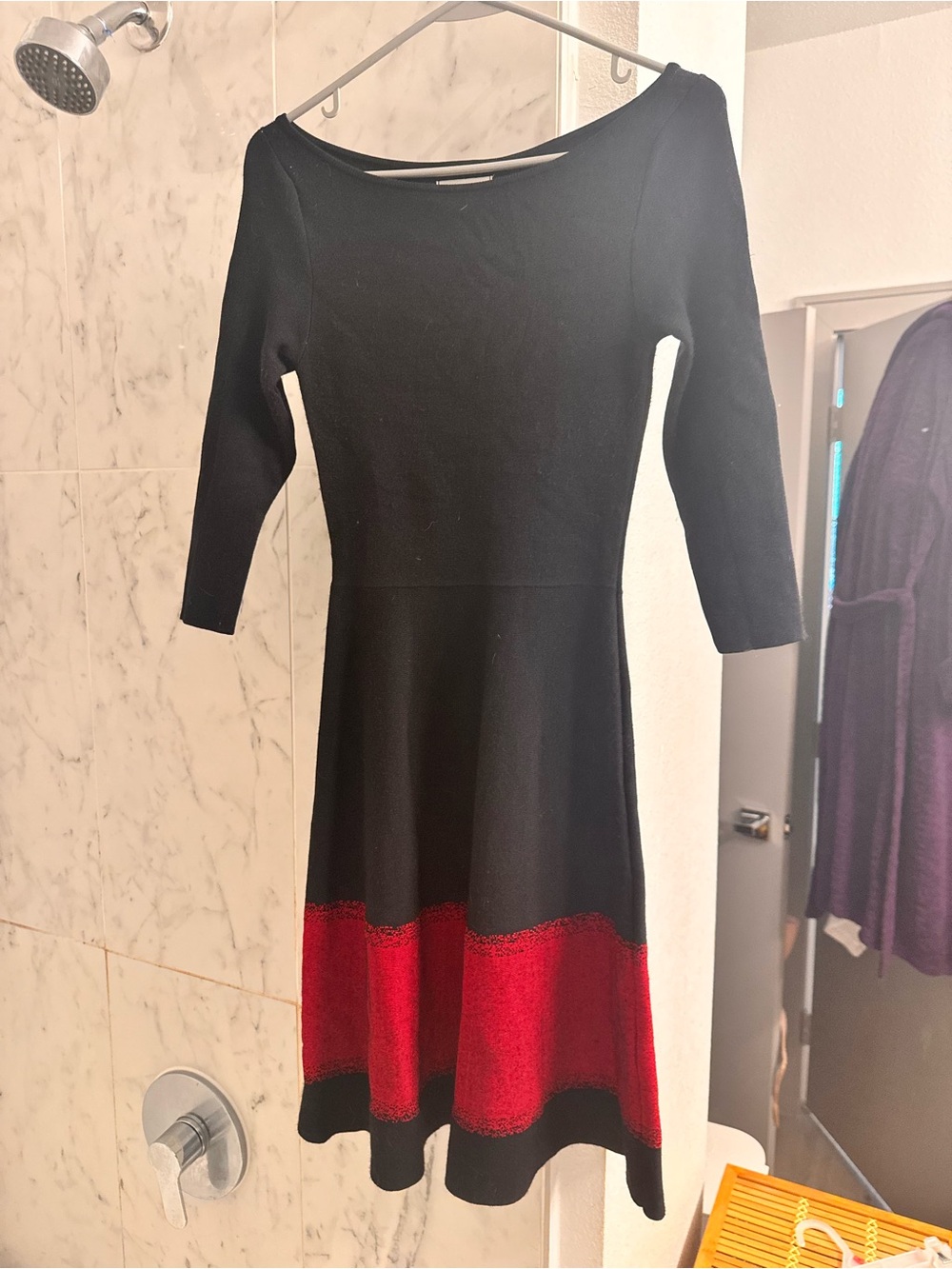 Eliza J Black Knit Long-Sleeve Fit-and-Flare Dress with Red Hem Band